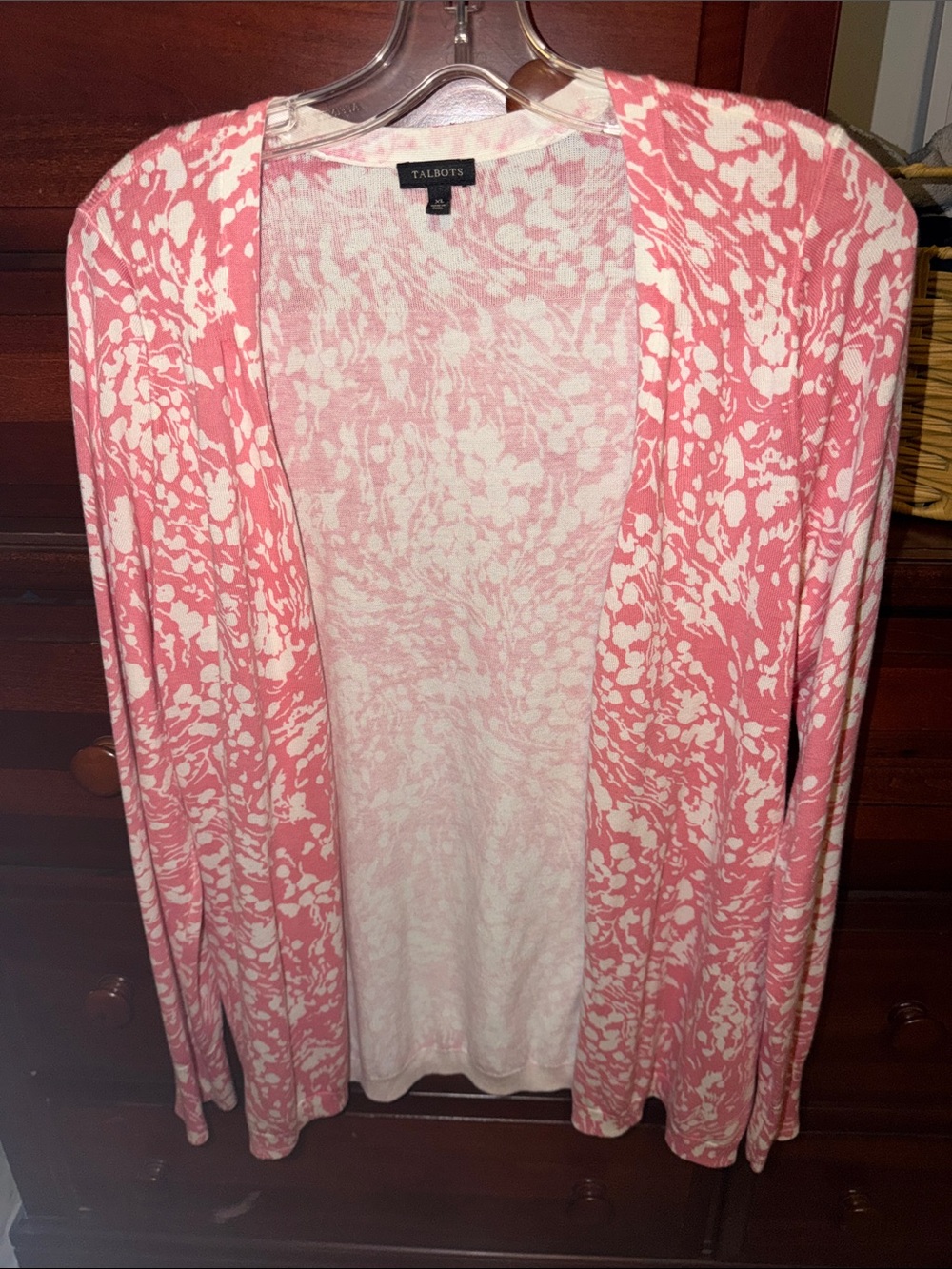 Talbots Pink & White Floral-Pattern Open Cardigan